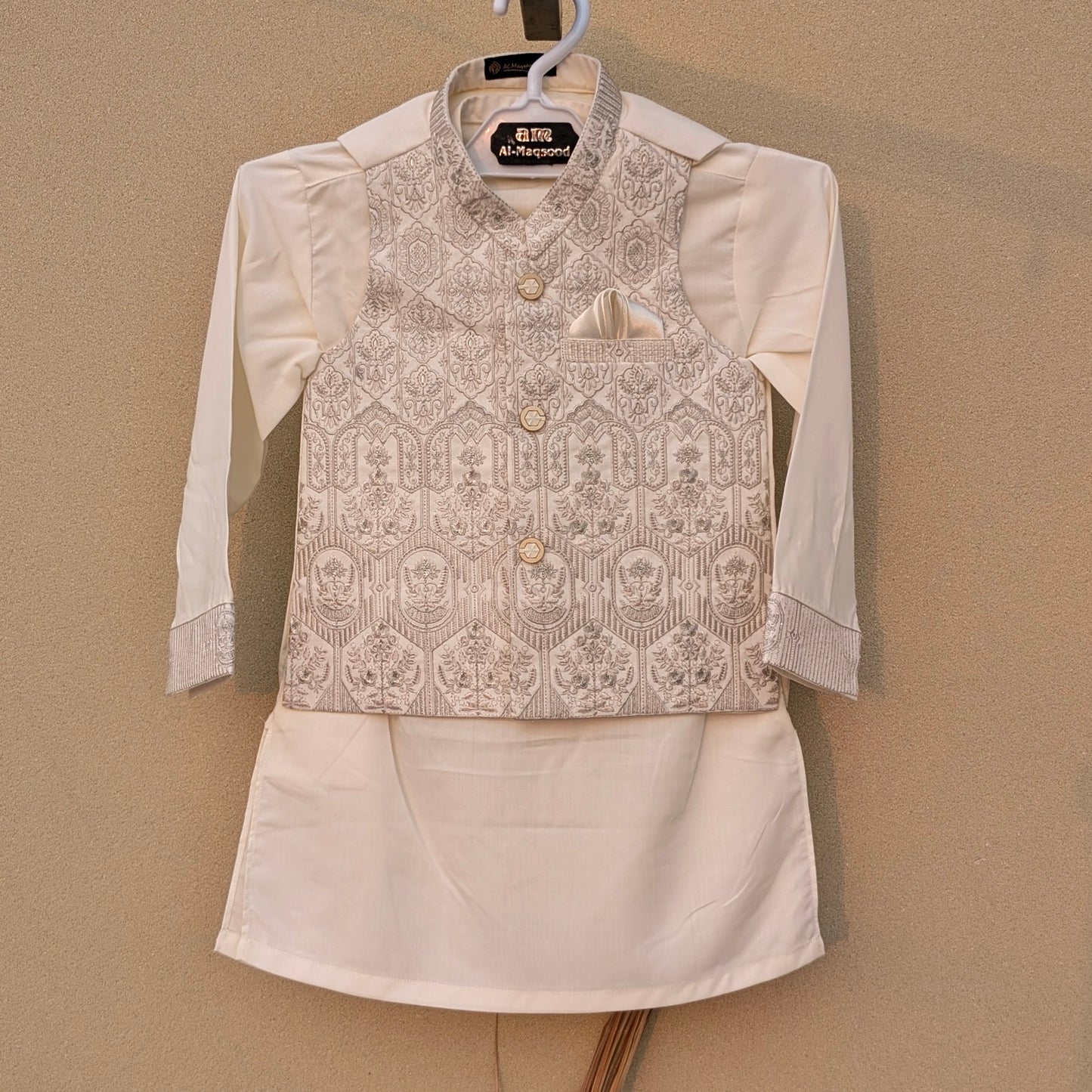 3 Pieces Premium Kameez Shalwar with Embroidered Waistcoat - White