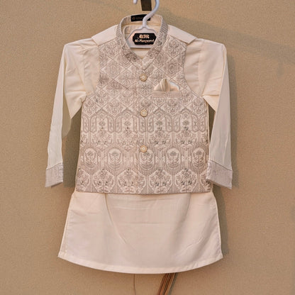 3 Pieces Premium Kameez Shalwar with Embroidered Waistcoat - White