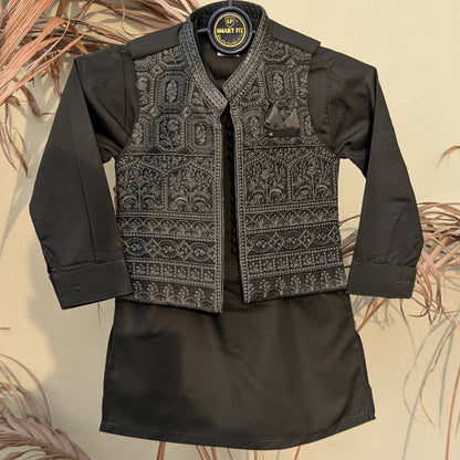 3 Pieces Premium Kameez Shalwar with Embroidered Waistcoat - Olive Green