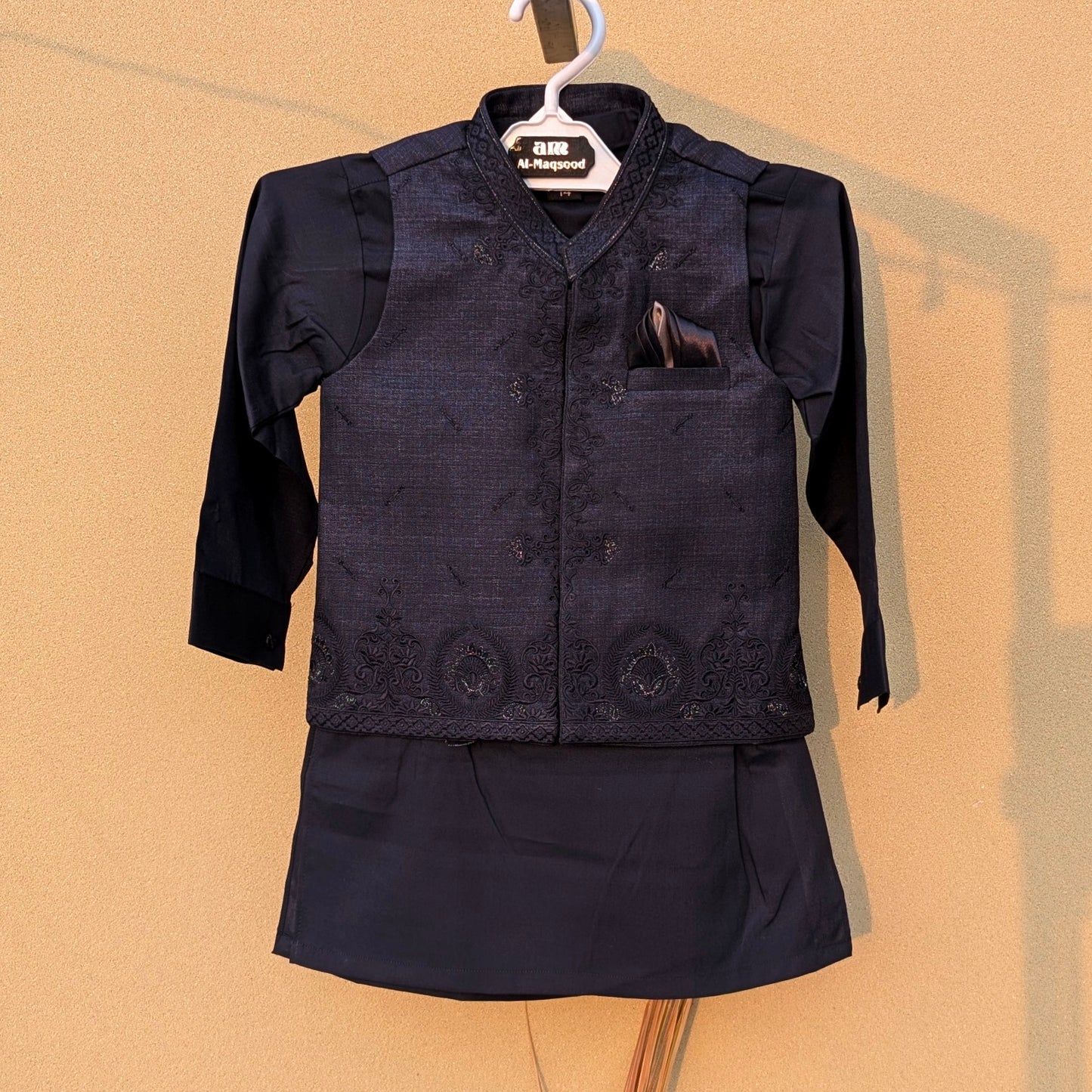 3 Pieces Premium Kameez Shalwar with Embroidered Waistcoat - Navy Blue