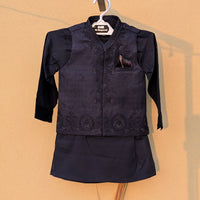 3 Pieces Premium Kameez Shalwar with Embroidered Waistcoat - Navy Blue