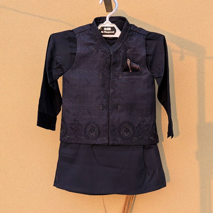 3 Pieces Premium Kameez Shalwar with Embroidered Waistcoat - Navy Blue