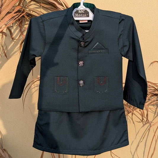 3 Pieces Premium Kameez Shalwar with Waistcoat - Emerald Green