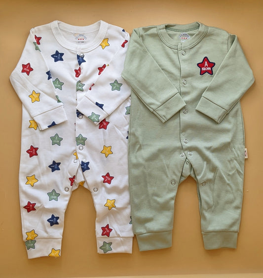 Pack of 2 Rompers - Stars - White/Green