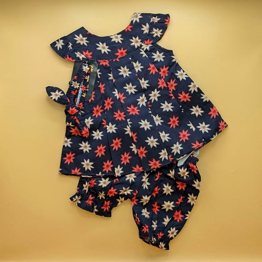 Frock with Pants & Headband - Floral - Navy Blue