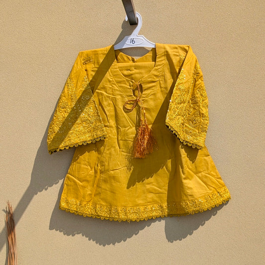 2 Pieces Baby Girl Embroidered Frock with Shalwar - Mustard