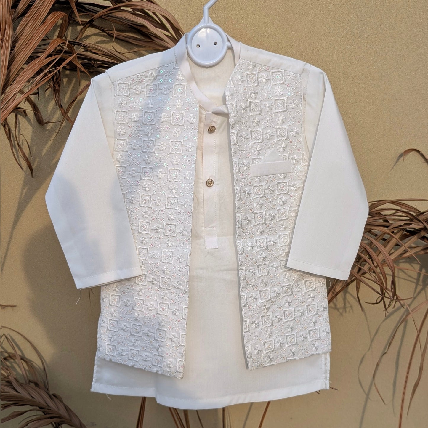 3 Pieces Kameez Shalwar with Embroidered Long Coat - Square - Off-White