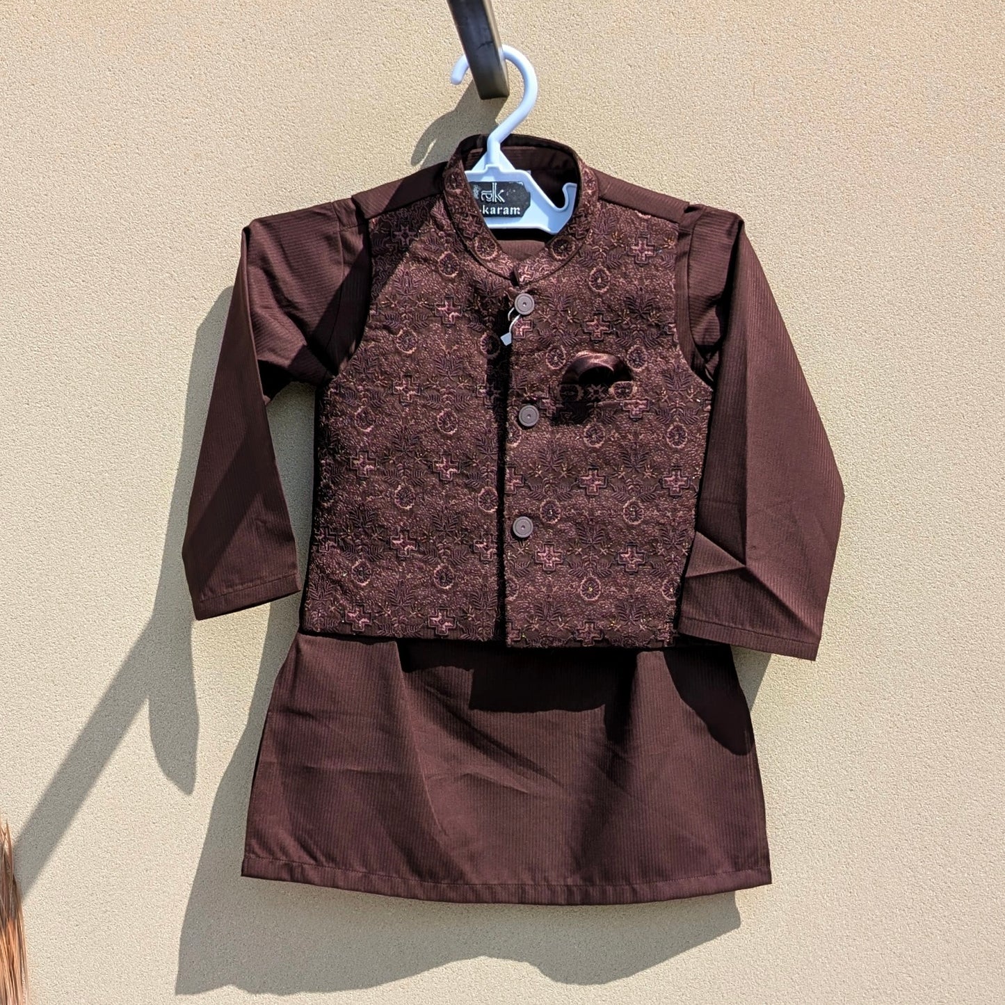 3 Pieces Premium Kameez Shalwar with Embroidered Waistcoat - Floral/Blocks - Brown