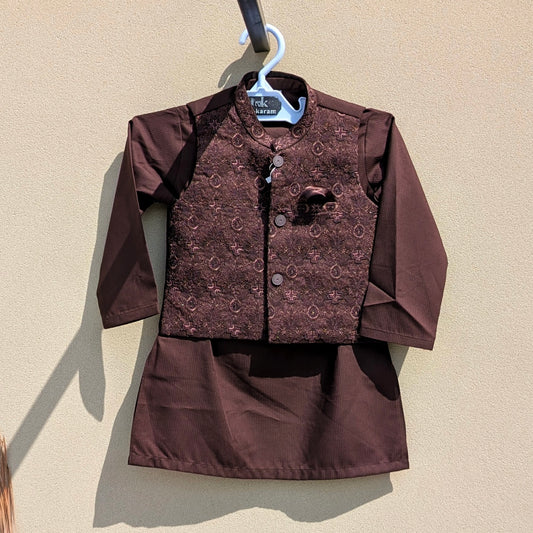 3 Pieces Premium Kameez Shalwar with Embroidered Waistcoat - Floral/Blocks - Brown