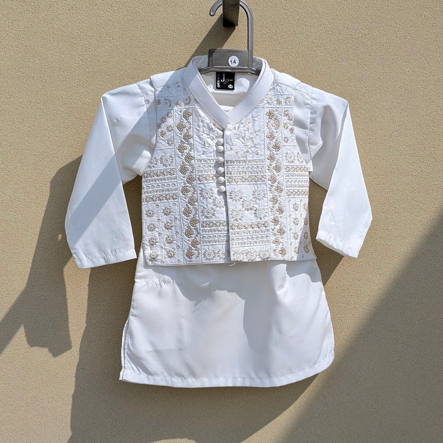 3 Pieces Kameez Shalwar with Embroidered Waistcoat - Floral Pattern - Off-White