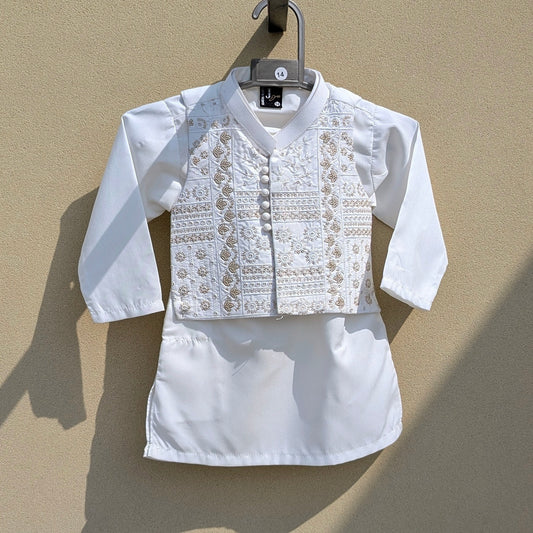 3 Pieces Kameez Shalwar with Embroidered Waistcoat - Floral Pattern - Off-White