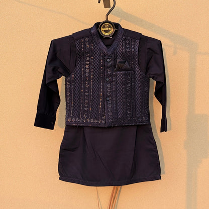 3 Pieces Premium Kameez Shalwar with Embroidered Waistcoat - Navy Blue