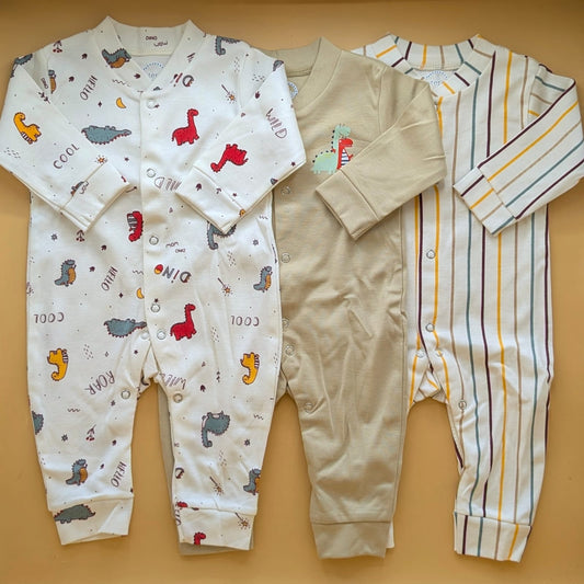 Pack of 3 Rompers - White/Brown - Dino 🦕