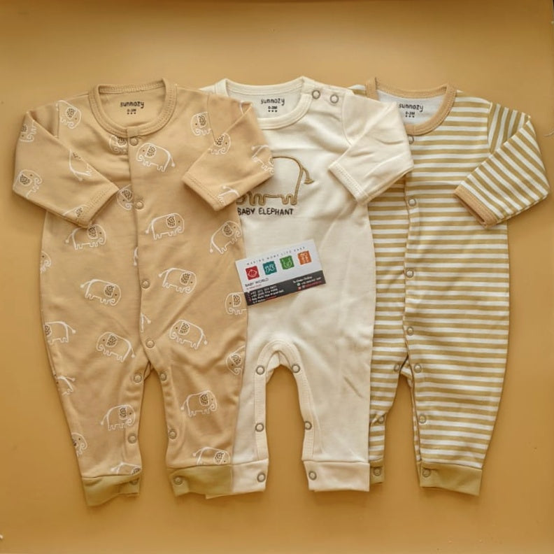 Pack of 3 Rompers/Sleep Suits - Elephant 🐘 - Brown