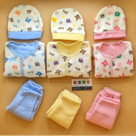 Pack of 3 Suits with Cap - Winter - Happy Bear 🐻 - Pink/Blue/Yellow