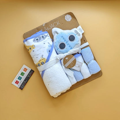 Hooded Bath Towel with Face Towels, & Bath Sponge