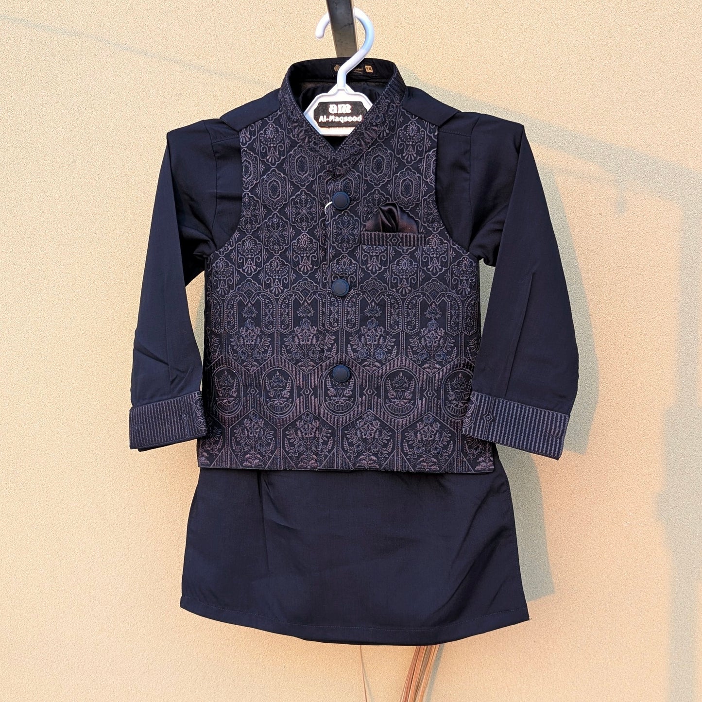 3 Pieces Premium Kameez Shalwar with Embroidered Waistcoat - Navy Blue