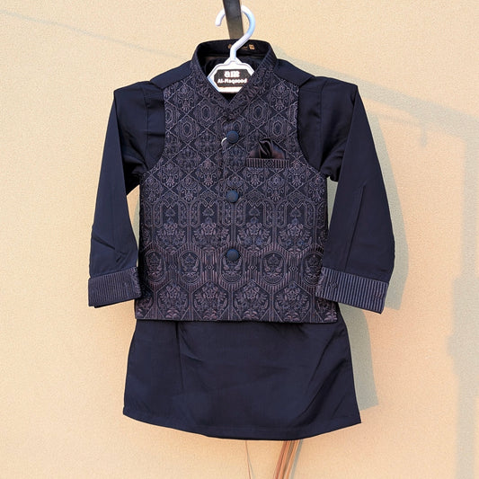 3 Pieces Premium Kameez Shalwar with Embroidered Waistcoat - Navy Blue