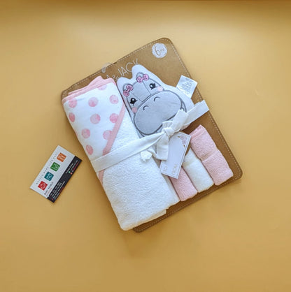 Hooded Bath Towel with Face Towels, & Bath Sponge