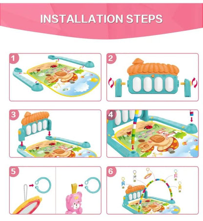 Cartoon Baby Activity Gym Fitness Baby Musical Piano Play Gym Mat With Animal Rattle Toys