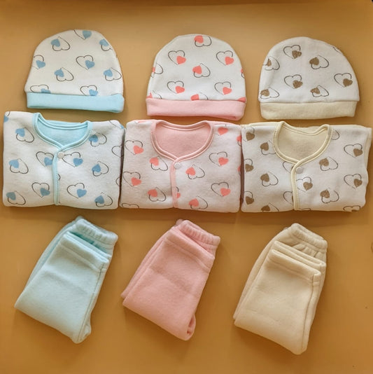 Pack of 3 Suits with Cap - Hearts - Winter - Beige/Sea Blue/Pink