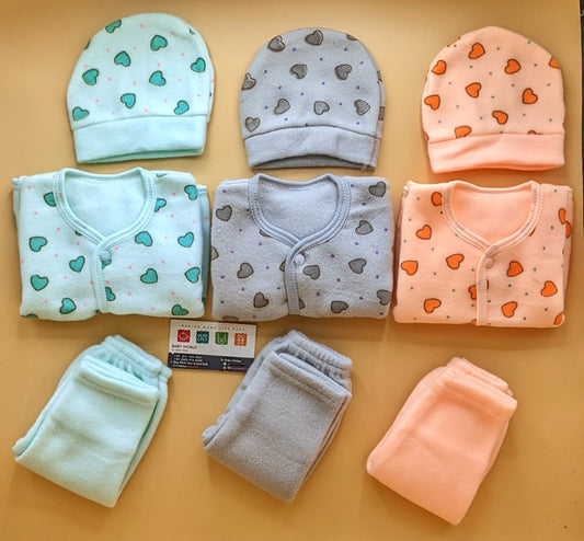 Pack of 3 Suits with Cap - Winter - Hearts 🧡 - Peachy Orange/Light Green/Grey