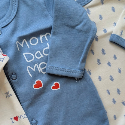 Pack of 3 Rompers/Sleep Suits - Mom, Dad, Me - Blue