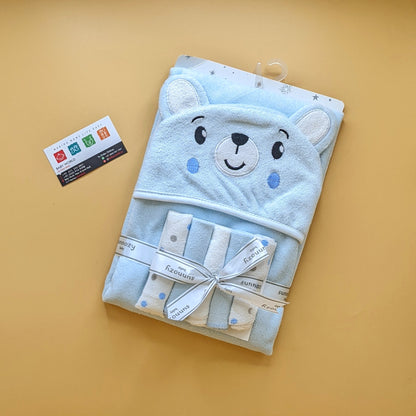 Hooded Bath Towel with 5 Pieces Face Towels