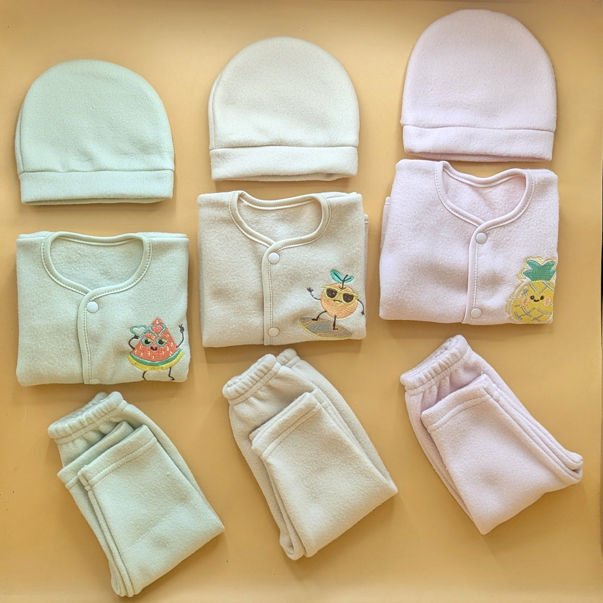 Baby Pack of 3 Suits with Cap- Winter -  Green, Skin, Pink