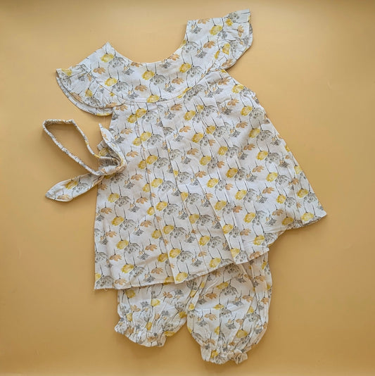 Frock with Pants & Headband - Floral - Beige