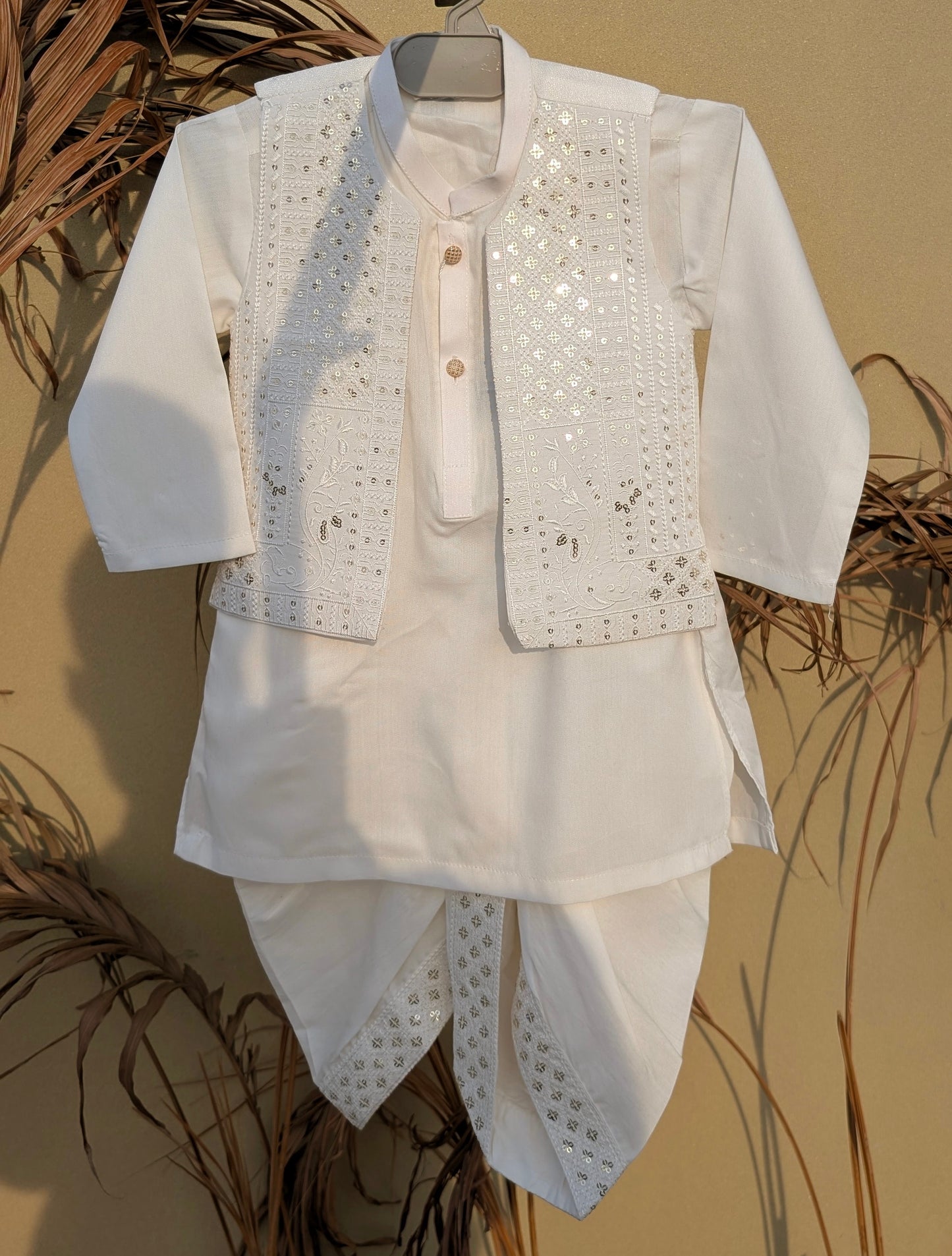 3 Pieces Kameez Dhoti with Floral Embroidered Waistcoat - Off-White
