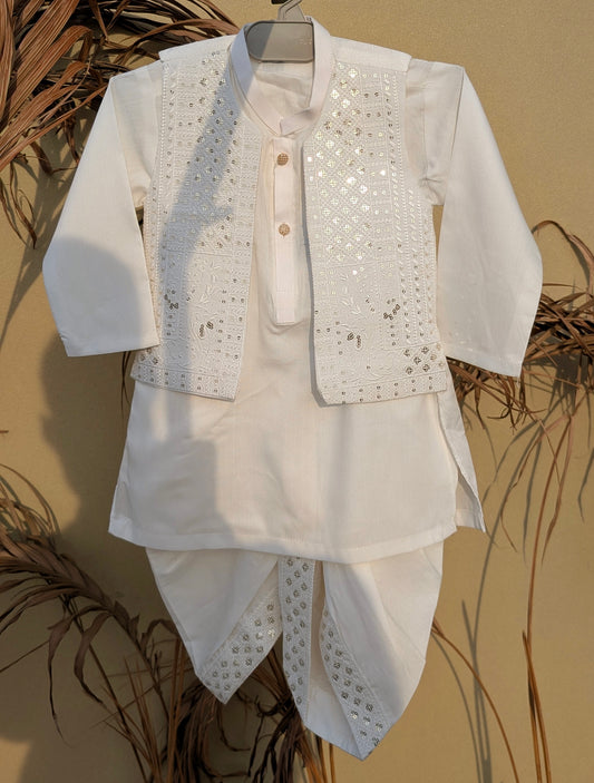 3 Pieces Kameez Dhoti with Floral Embroidered Waistcoat - Off-White