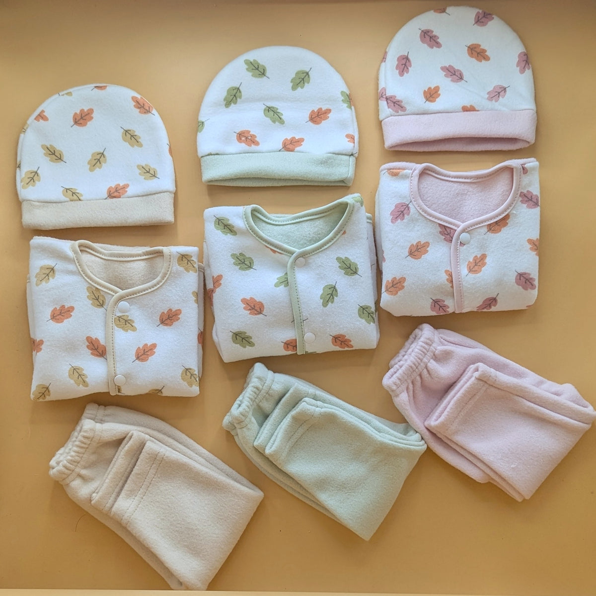 Baby Pack of 3 Suits with Cap - Leaves 🍂- Winter -  Skin, Green, Pink