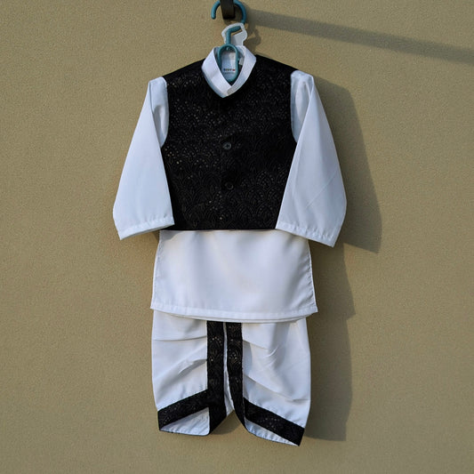 Premium Quality 3 Pieces Baby Dhoti Kurta with Embroidered Waistcoat - Black