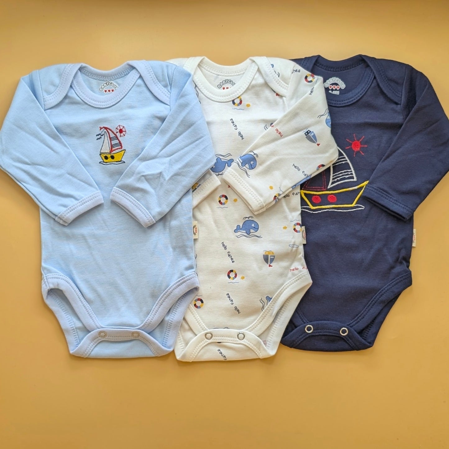 Pack of 3 Bodysuits - Light Blue, Navy, White - Boat ⛵