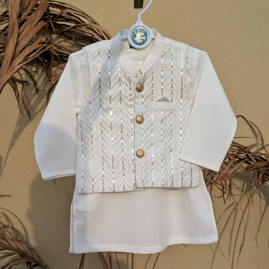 3 Pieces Kameez Shalwar with Embroidered Waistcoat - Arrow - Off-White