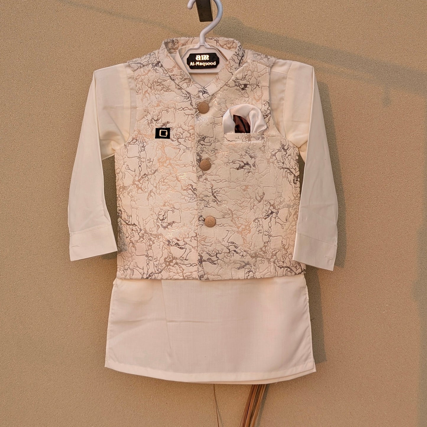 3 Pieces Premium Kameez Shalwar with Jamawar Waistcoat - Off-White