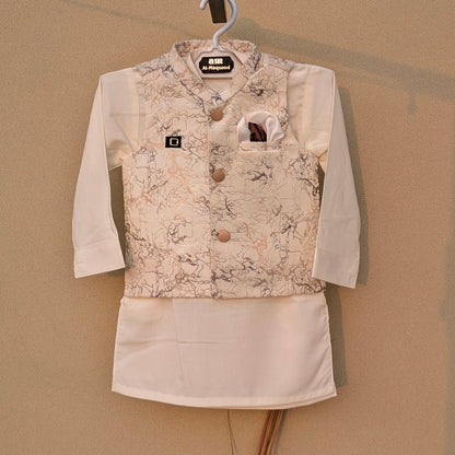 3 Pieces Premium Kameez Shalwar with Jamawar Waistcoat - Off-White