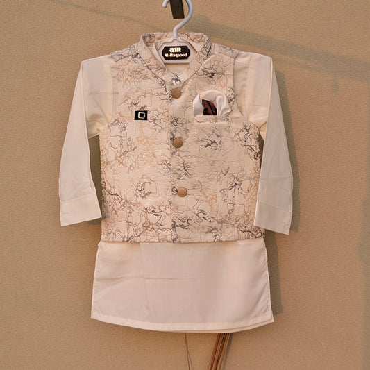 3 Pieces Premium Kameez Shalwar with Jamawar Waistcoat - Off-White