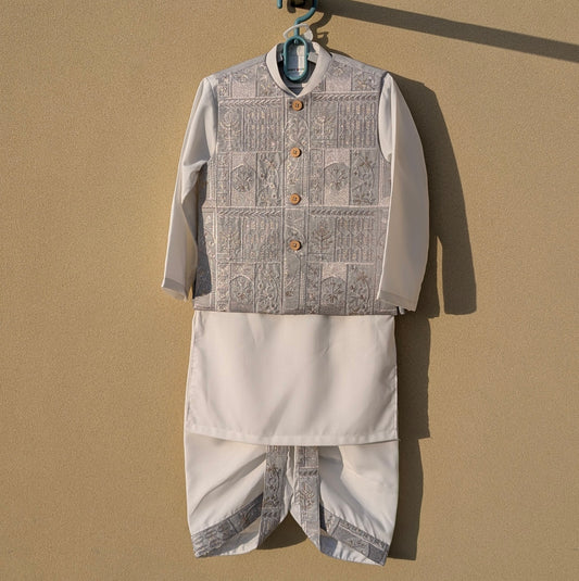 Premium Quality 3 Pieces Baby Dhoti Kurta with Embroidered Waistcoat - Grey