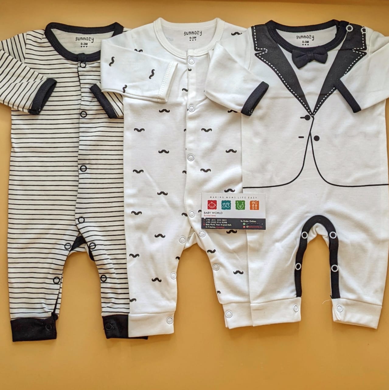 Pack of 3 Rompers/Sleep Suits - White/Black - Bow