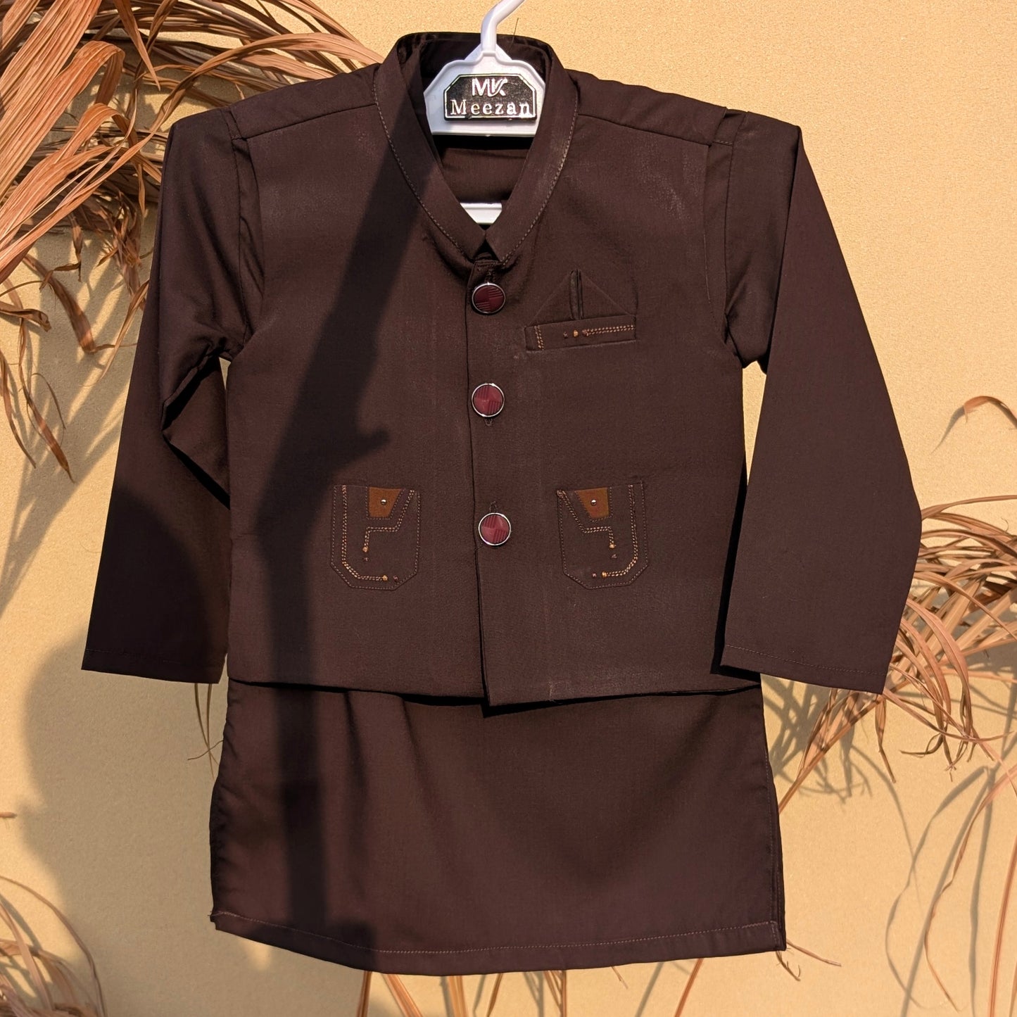 3 Pieces Premium Kameez Shalwar with Waistcoat - Dark Brown