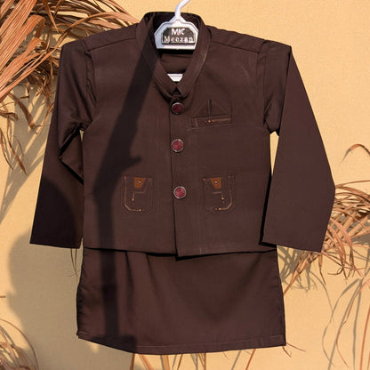 3 Pieces Premium Kameez Shalwar with Waistcoat - Dark Brown