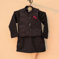 3 Pieces Premium Kameez Shalwar with Embroidered Waistcoat - Black