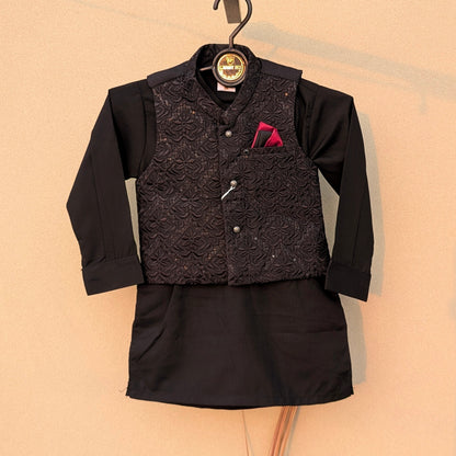 3 Pieces Premium Kameez Shalwar with Embroidered Waistcoat - Black