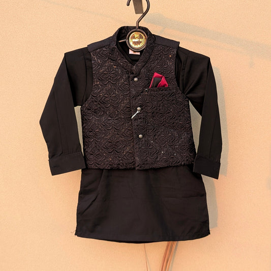 3 Pieces Premium Kameez Shalwar with Embroidered Waistcoat - Black
