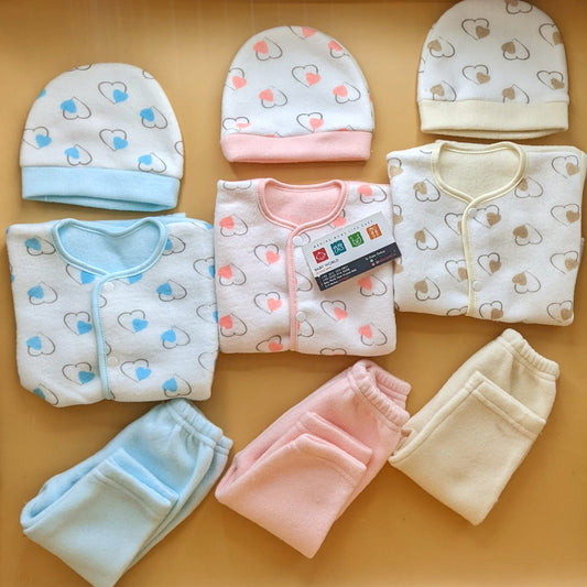 Pack of 3 Suits with Cap - Winter - Hearts - Pink/Blue/Beige
