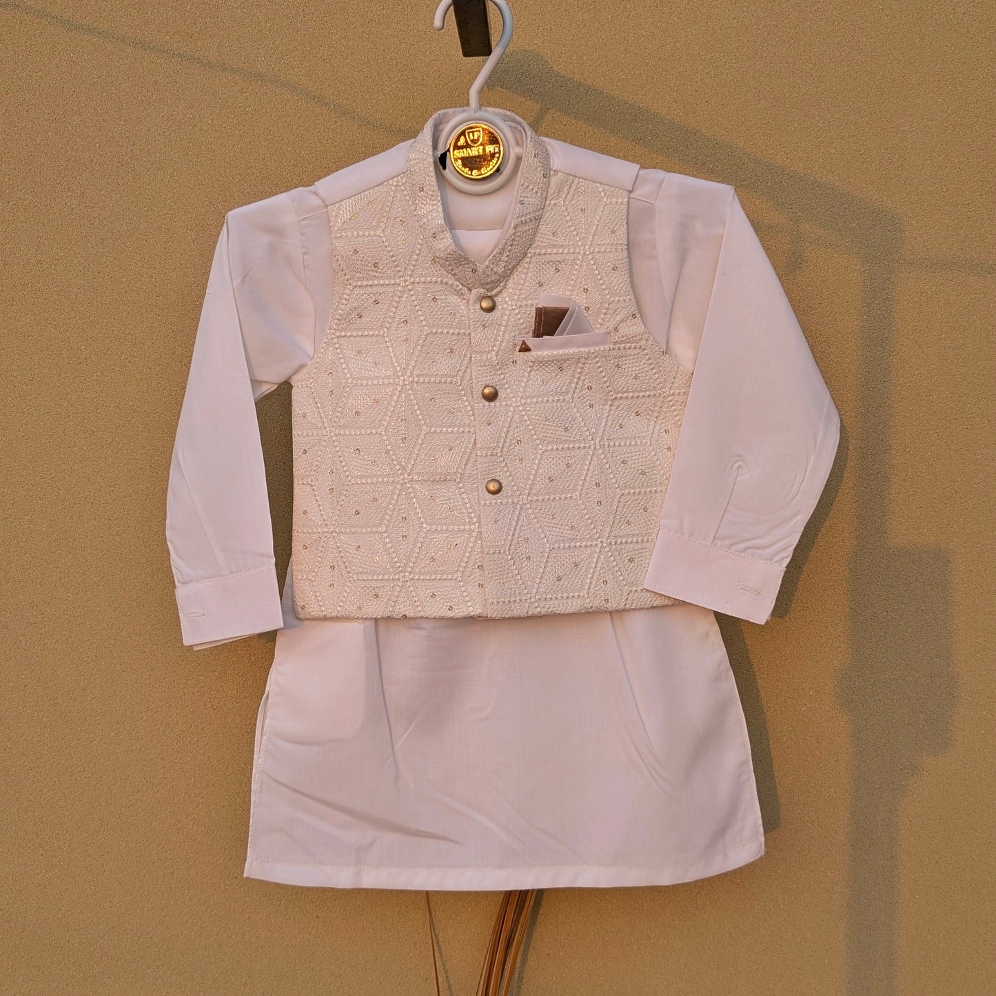 3 Pieces Premium Kameez Shalwar with Embroidered Waistcoat - Off-White