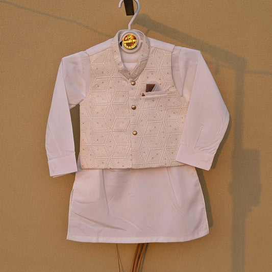 3 Pieces Premium Kameez Shalwar with Embroidered Waistcoat - Off-White