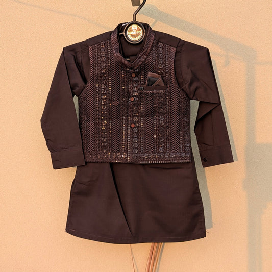 3 Pieces Premium Kameez Shalwar with Embroidered Waistcoat - Brown